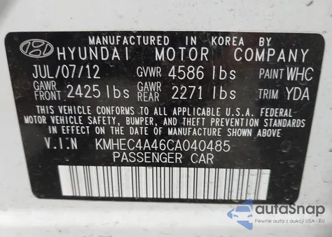 2012 Hyundai Sonata Hybrid from USA, damaged, VIN KMHEC4A46CA040485